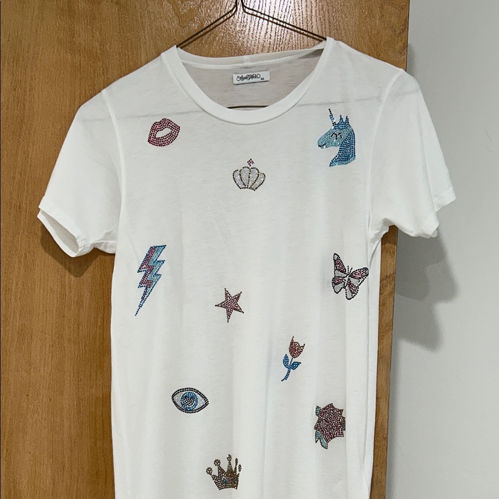 Lauren Moshi White Graphic T-Shirt with Colorful sparkles